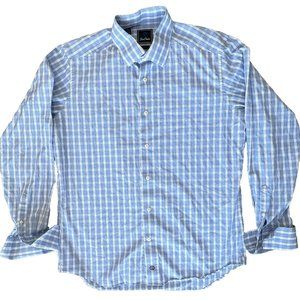 David Donahue Flip Cuff Large 16.5 32/33 Blue Black Checker Button Up Down Shirt